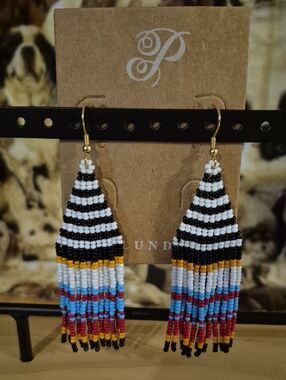 Plunder Black, White, Gold, Blue & Red Beaded Fringe Earrings
